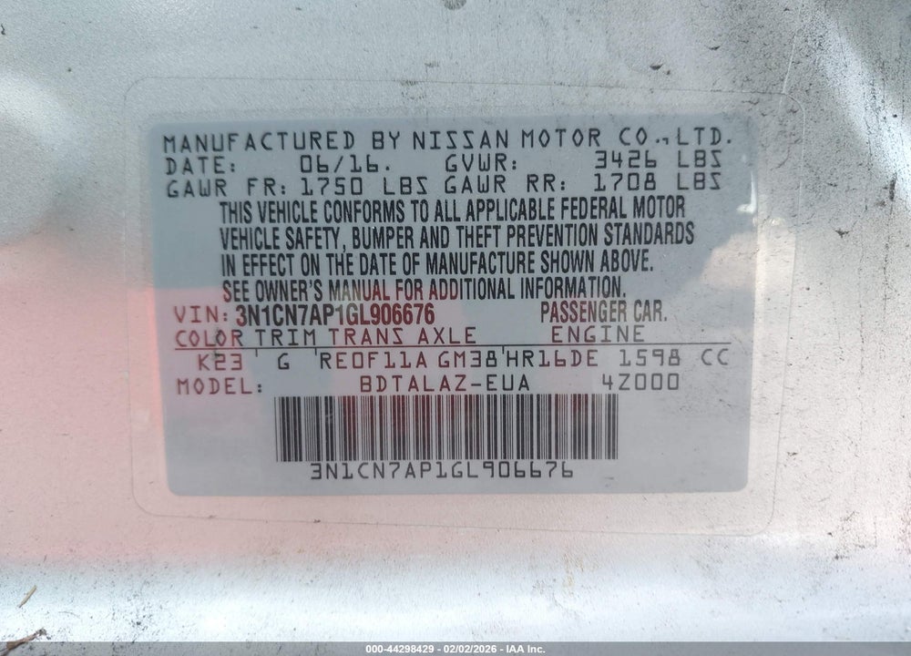 2016 NISSAN VERSA 1.6 S+ VIN: 3N1CN7AP1GL906676
