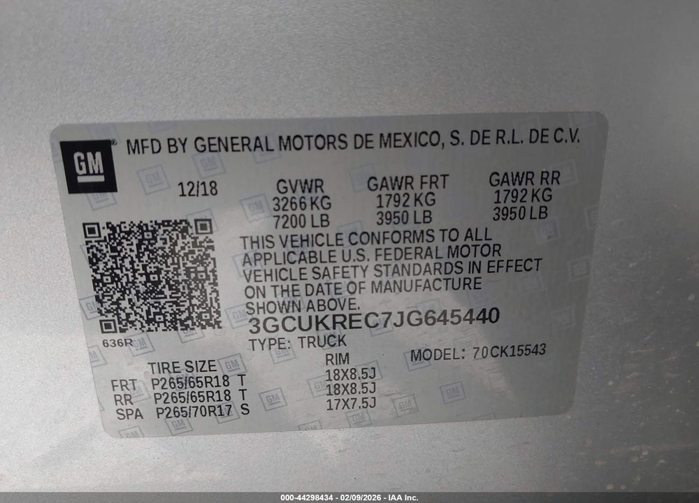 2018 CHEVROLET SILVERADO 1500 1LT VIN: 3GCUKREC7JG645440