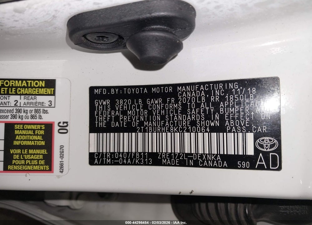 2019 TOYOTA COROLLA LE VIN: 2T1BURHE8KC210064