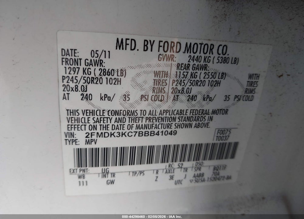 2011 FORD EDGE LIMITED VIN: 2FMDK3KC7BBB41049