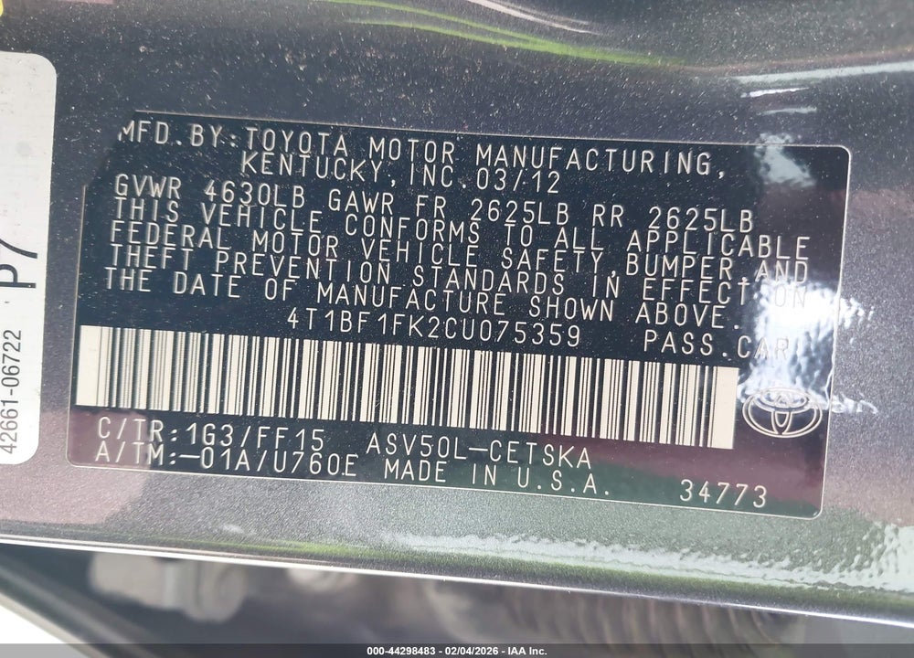 2012 TOYOTA CAMRY SE VIN: 4T1BF1FK2CU075359