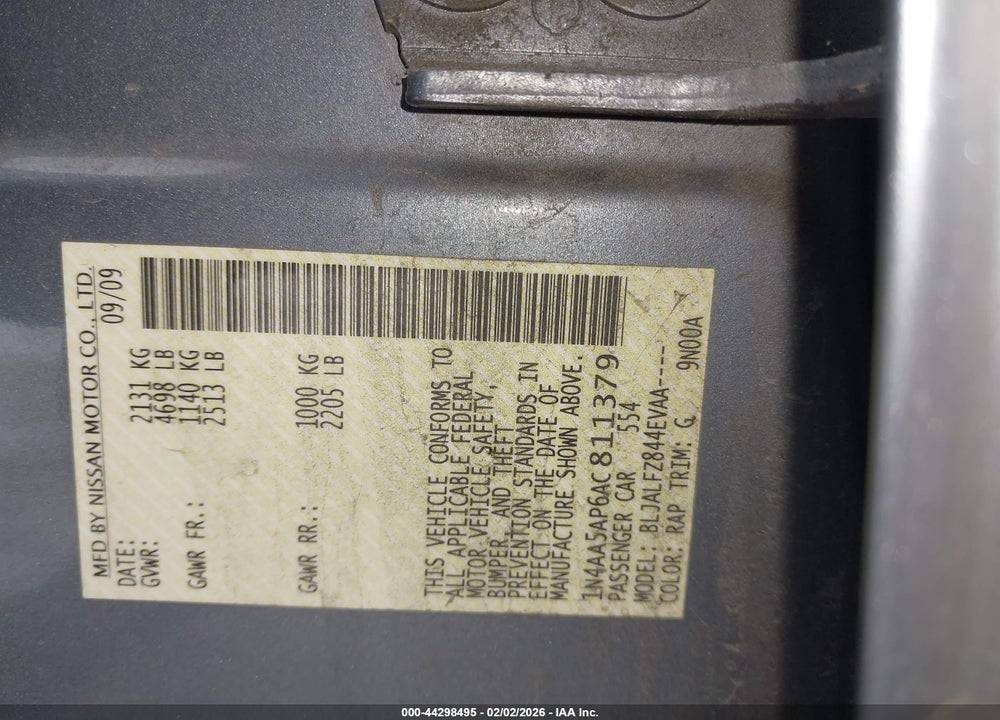 2010 NISSAN MAXIMA 3.5 SV VIN: 1N4AA5AP6AC811379