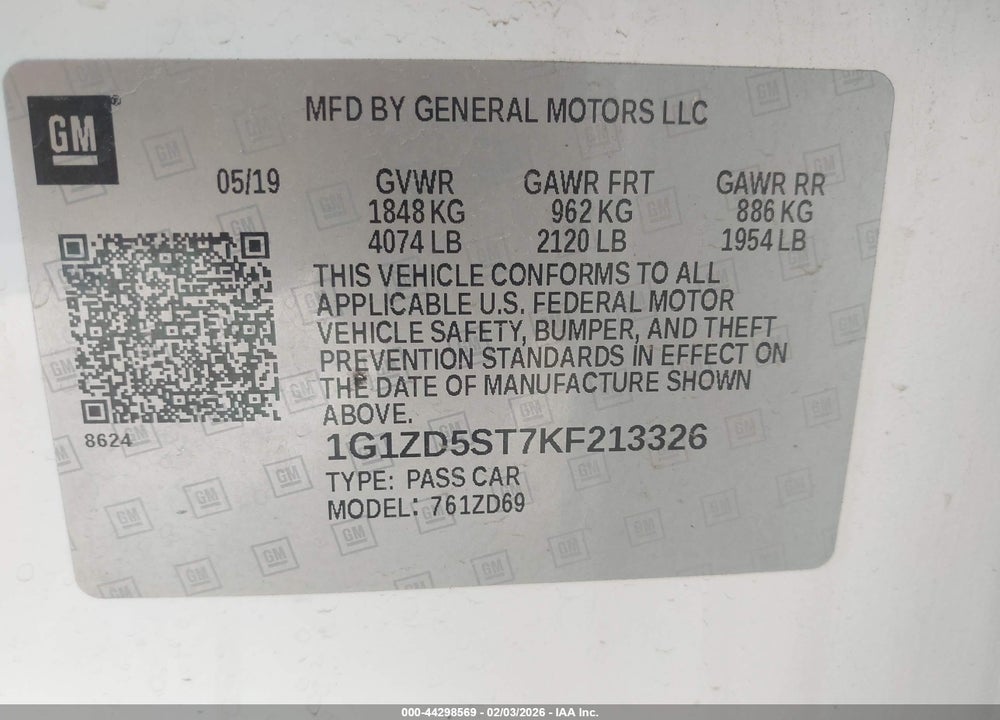 2019 CHEVROLET MALIBU LT VIN: 1G1ZD5ST7KF213326