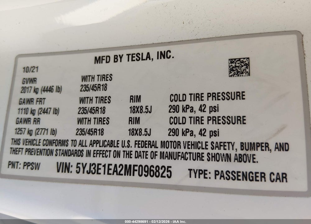 2021 TESLA MODEL 3 STANDARD RANGE PLUS REAR-WHEEL DRIVE VIN: 5YJ3E1EA2MF096825