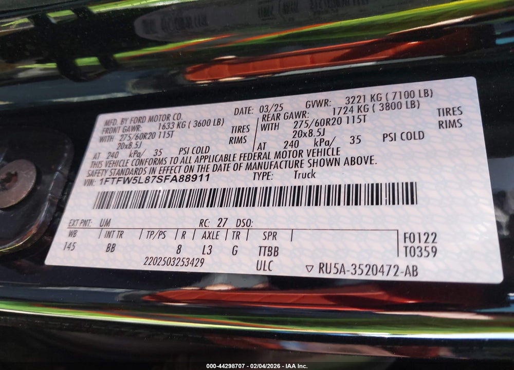 2025 FORD F-150 LARIAT VIN: 1FTFW5L87SFA88911