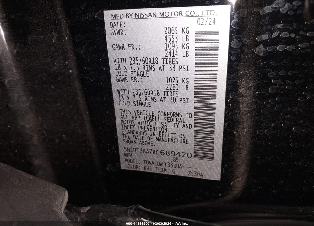2024 NISSAN ROGUE SV FWD VIN: 5N1BT3BA7RC689470