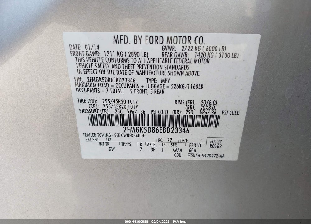 2014 FORD FLEX LIMITED VIN: 2FMGK5D86EBD23346