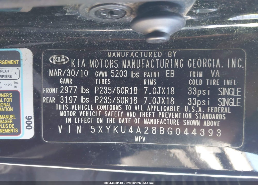 2011 KIA SORENTO EX V6 VIN: 5XYKU4A28BG044393