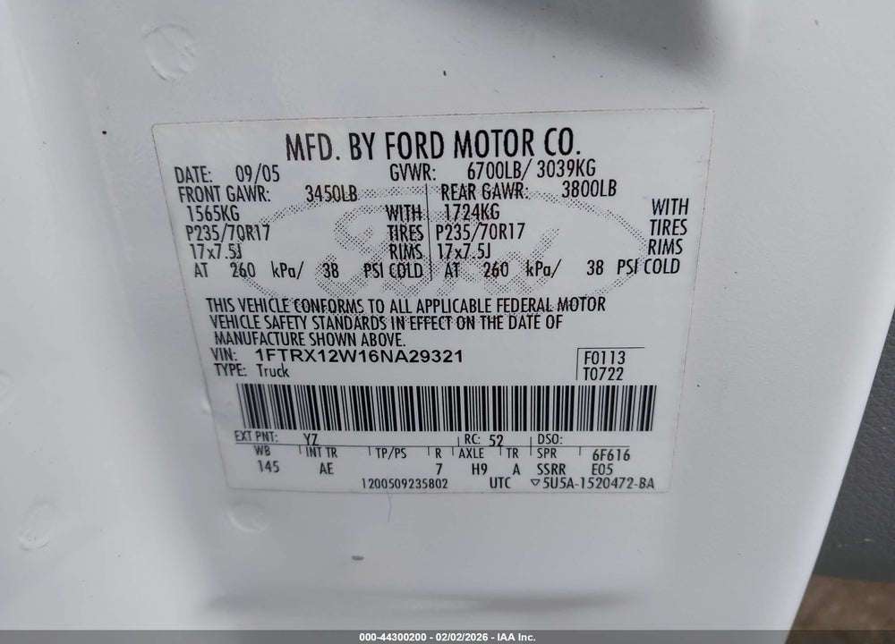 2006 FORD F-150 STX/XL/XLT VIN: 1FTRX12W16NA29321