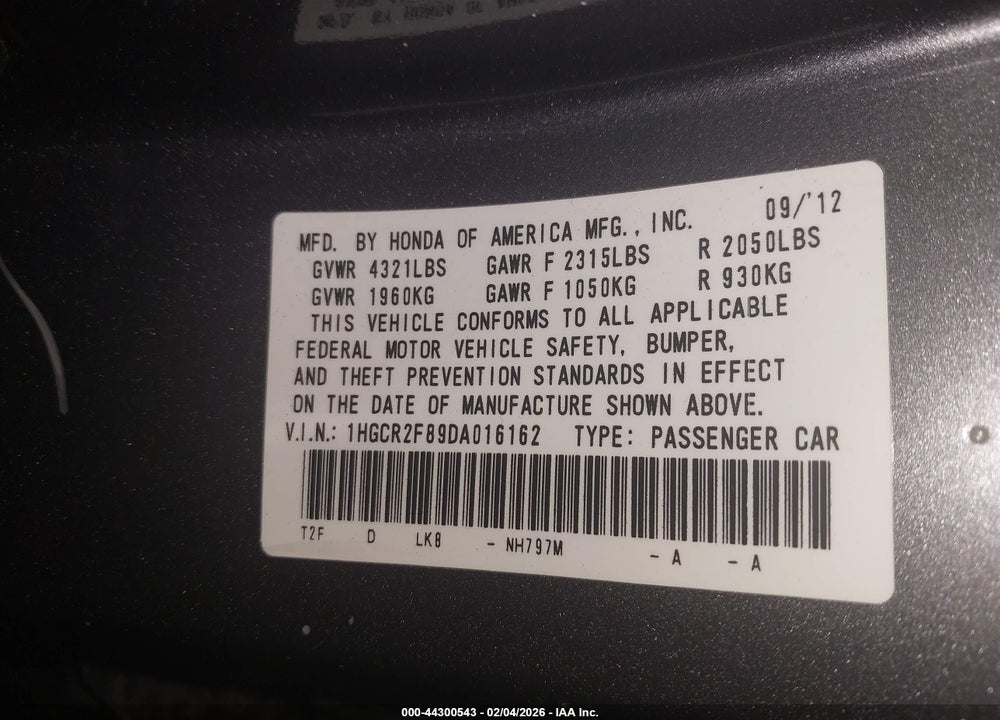 2013 HONDA ACCORD EX-L VIN: 1HGCR2F89DA016162