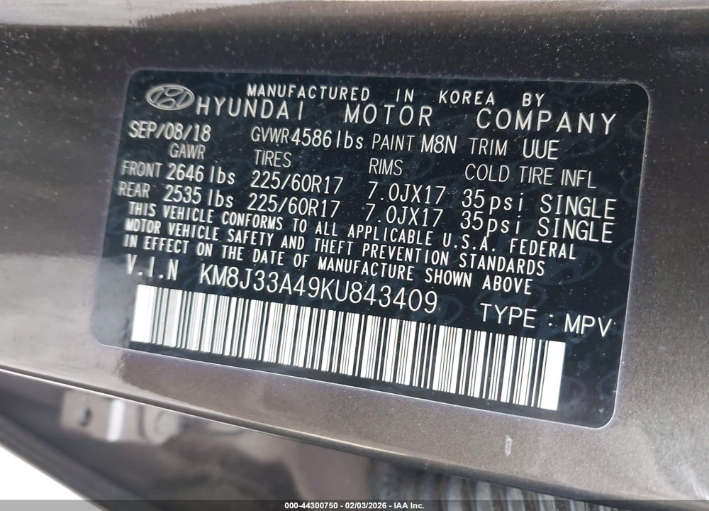 2019 HYUNDAI TUCSON VALUE VIN: KM8J33A49KU843409