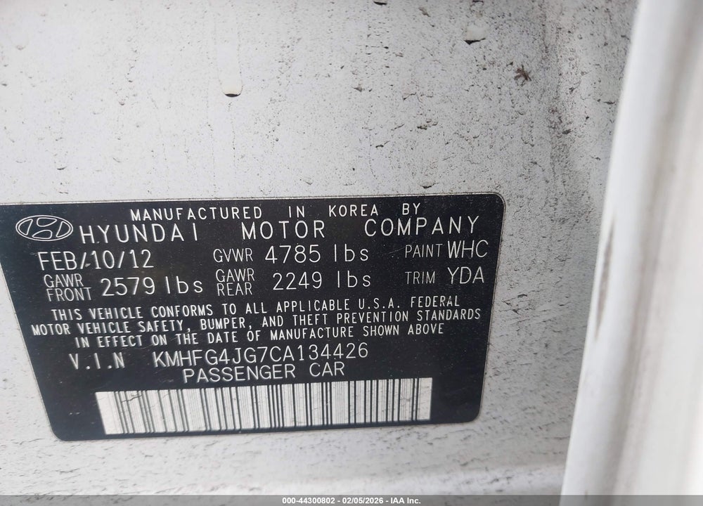2012 HYUNDAI AZERA VIN: KMHFG4JG7CA134426