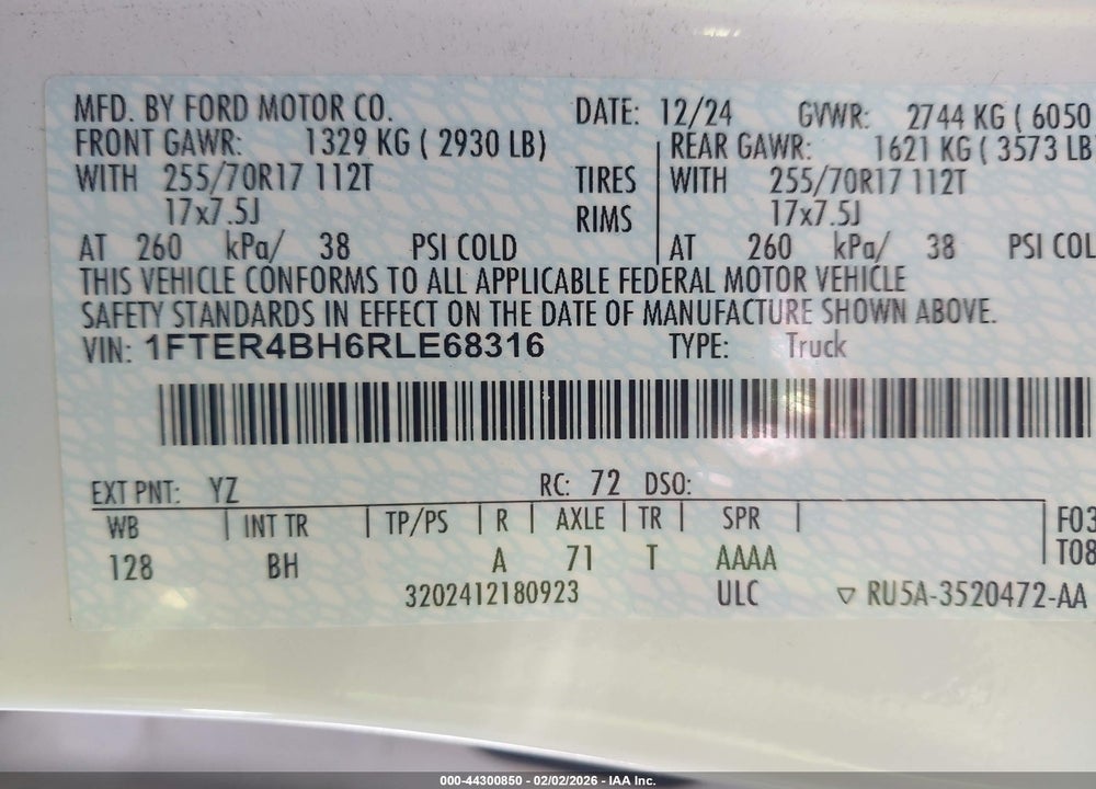 2024 FORD RANGER XL VIN: 1FTER4BH6RLE68316