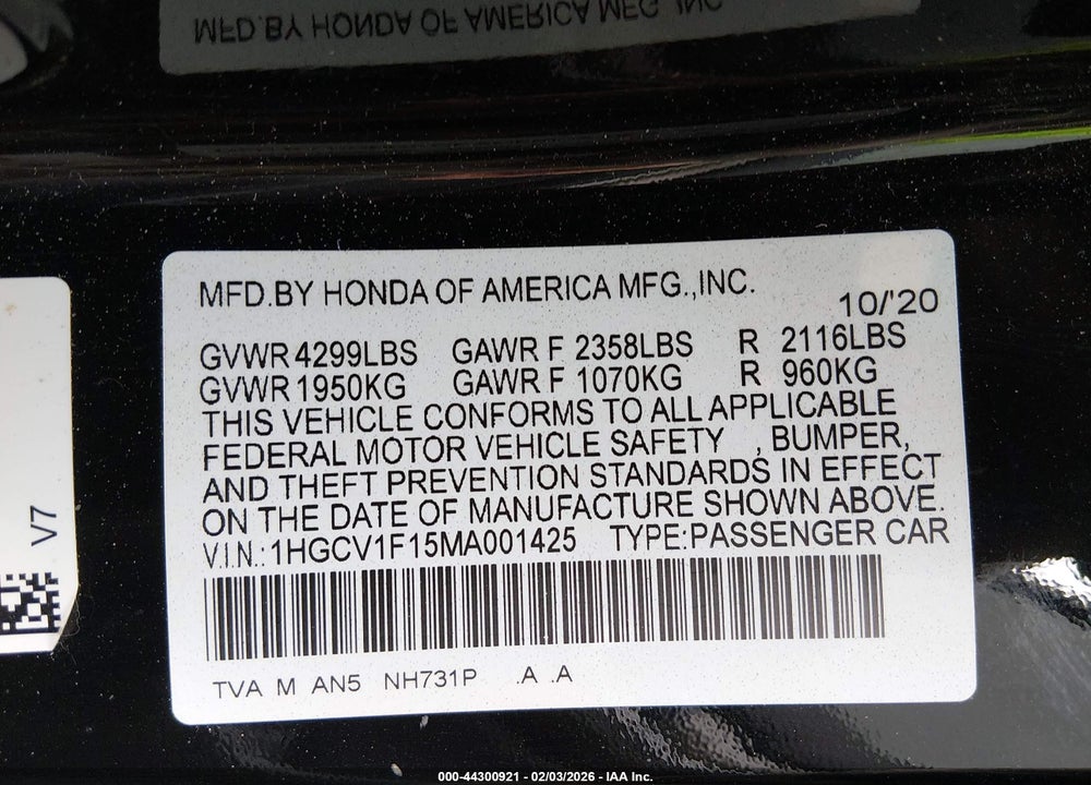 2021 HONDA ACCORD LX VIN: 1HGCV1F15MA001425