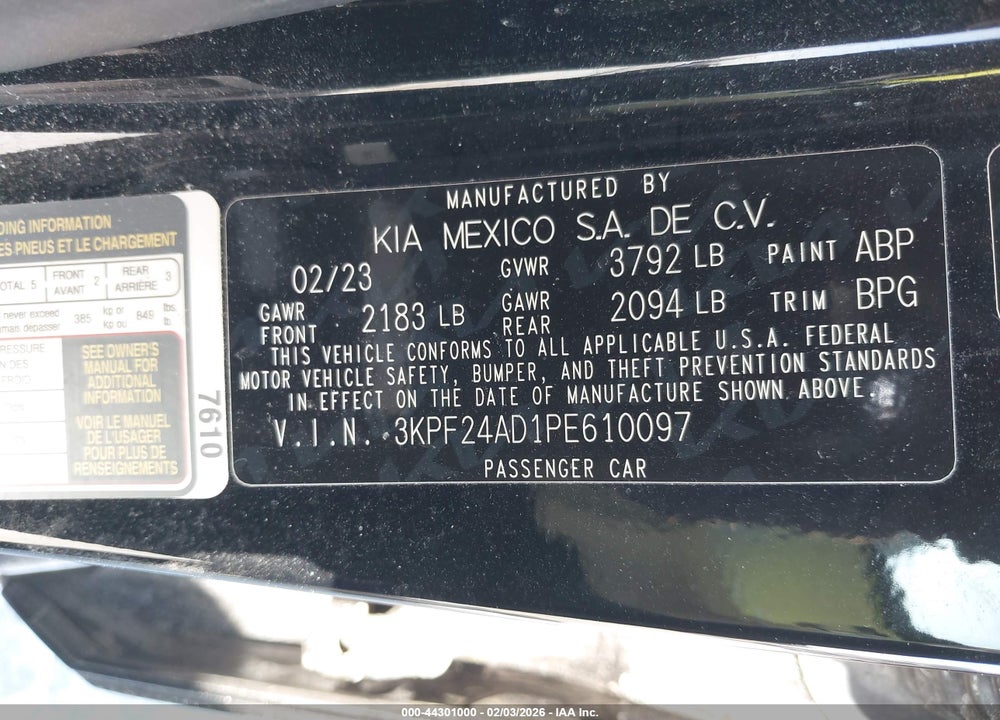 2023 KIA FORTE LXS VIN: 3KPF24AD1PE610097