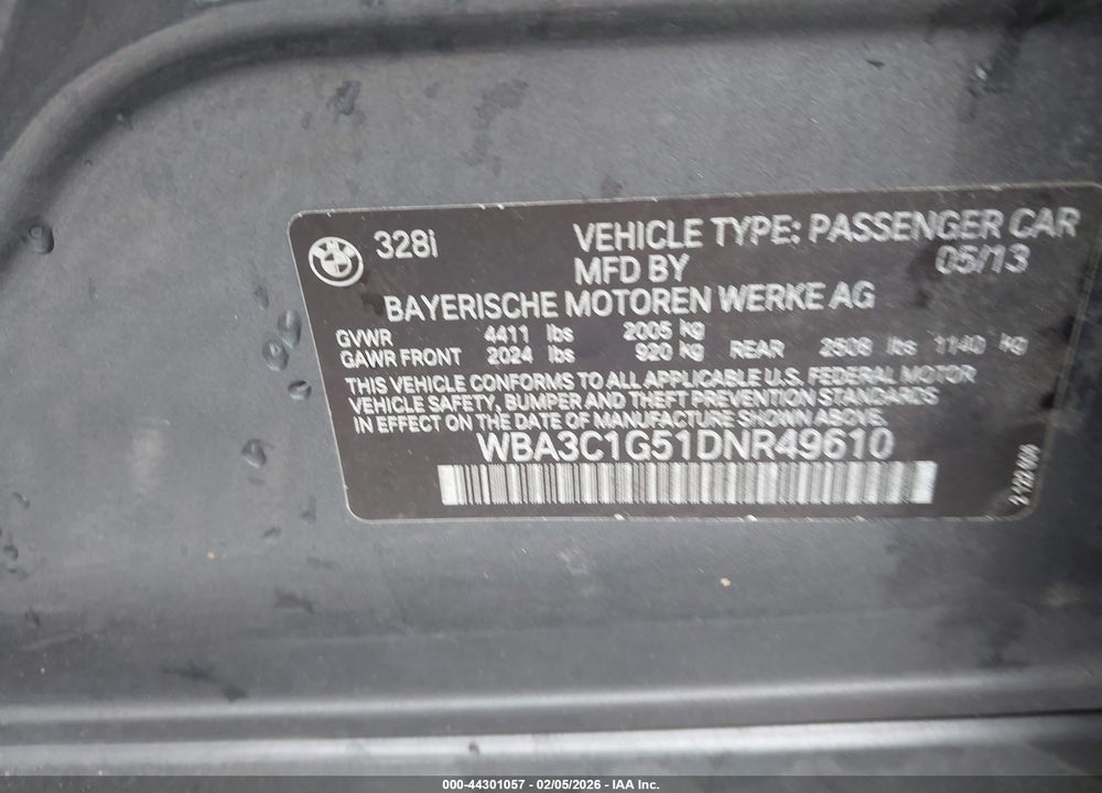 2013 BMW 328I VIN: WBA3C1G51DNR49610