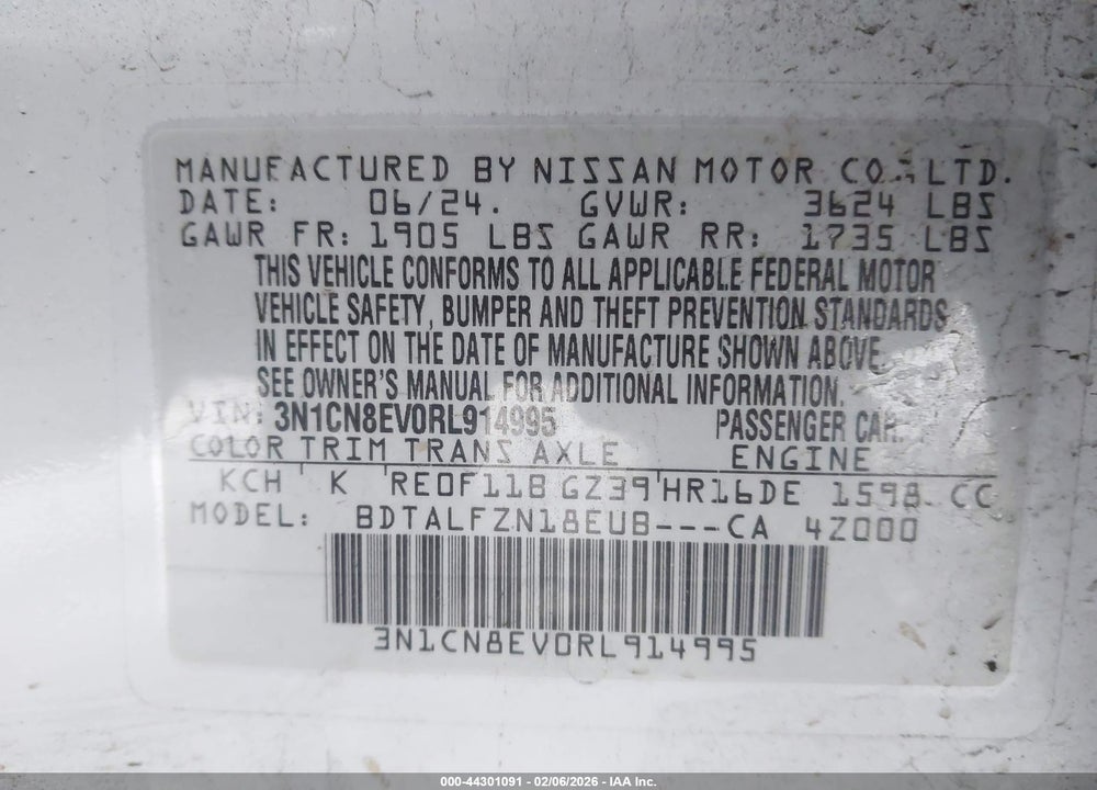 2024 NISSAN VERSA 1.6 SV VIN: 3N1CN8EV0RL914995