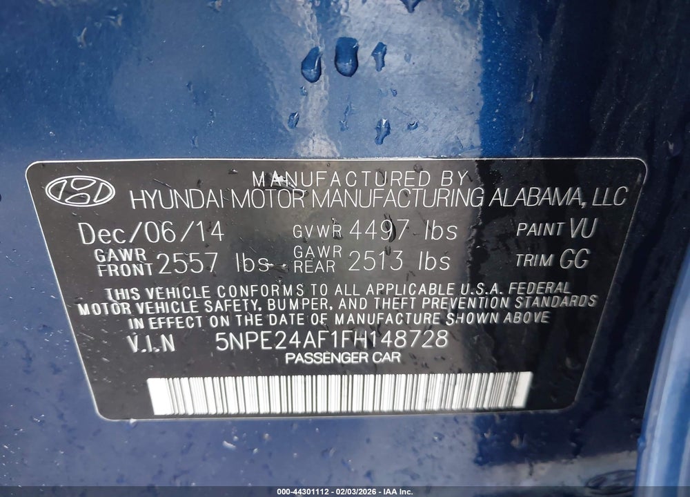 2015 HYUNDAI SONATA SE VIN: 5NPE24AF1FH148728