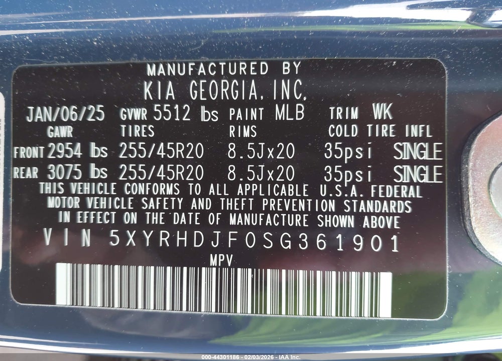 2025 KIA SORENTO EX VIN: 5XYRHDJF0SG361901