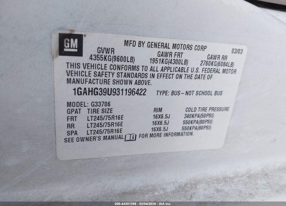 2003 CHEVROLET EXPRESS VIN: 1GAHG39U931196422