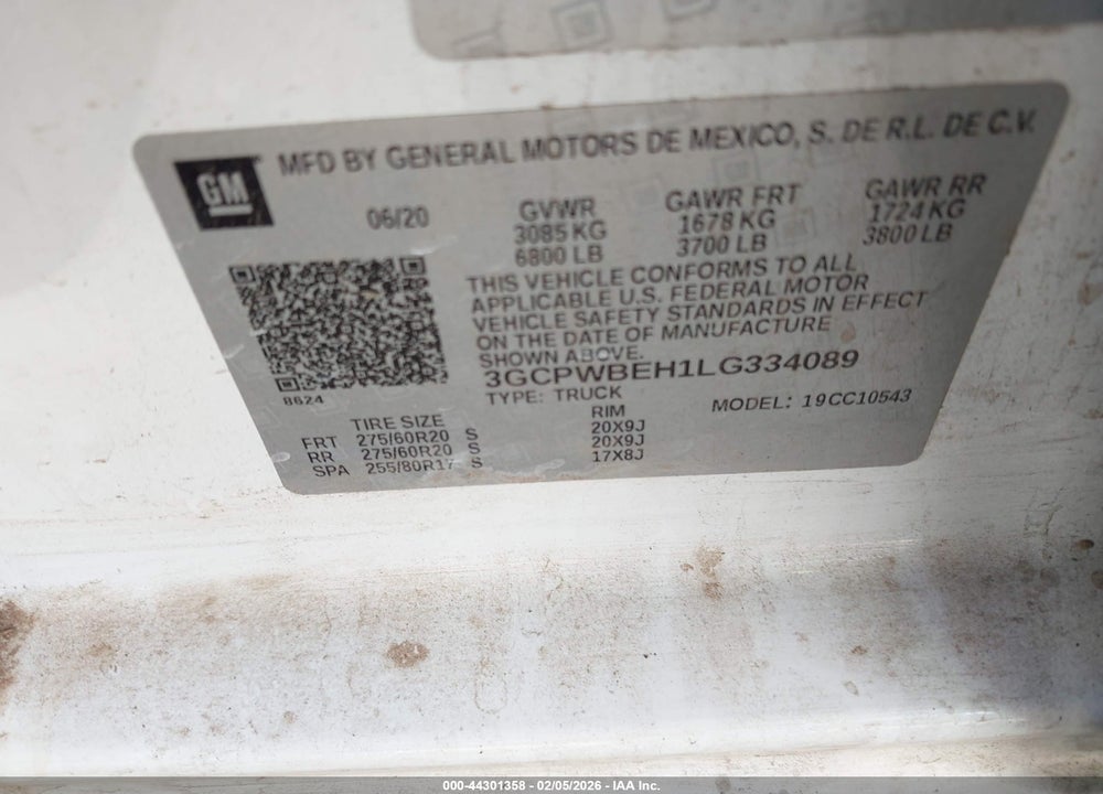 2020 CHEVROLET SILVERADO 1500 2WD  SHORT BED CUSTOM VIN: 3GCPWBEH1LG334089