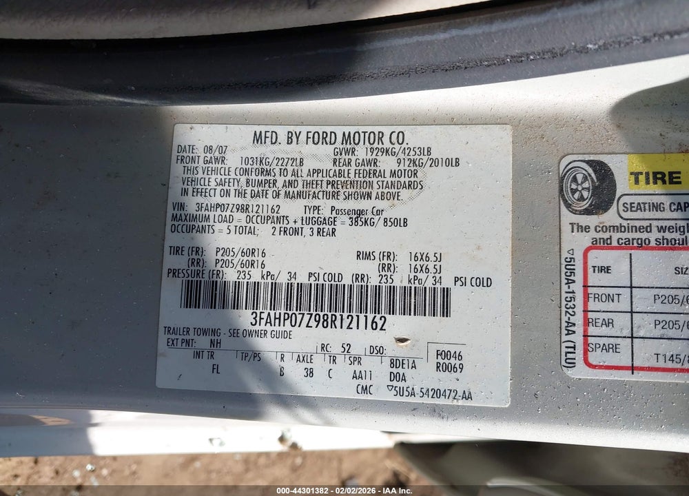 2008 FORD FUSION SE VIN: 3FAHP07Z98R121162