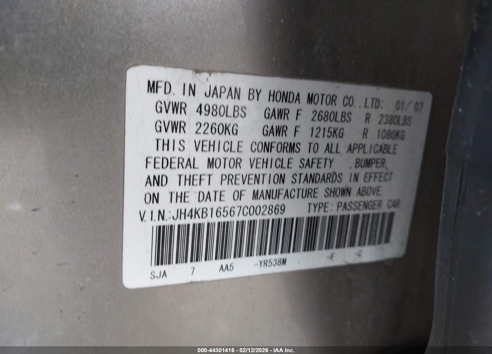 2007 ACURA RL 3.5 VIN: JH4KB16567C002869