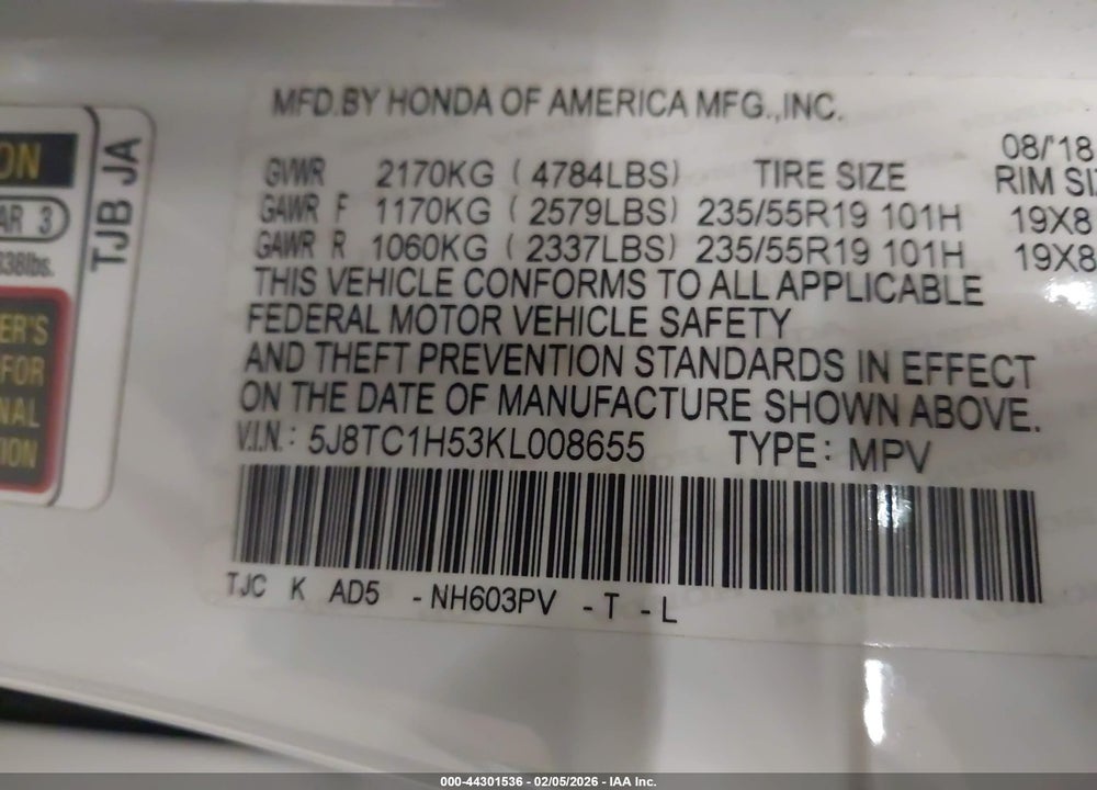 2019 ACURA RDX TECHNOLOGY PACKAGE VIN: 5J8TC1H53KL008655