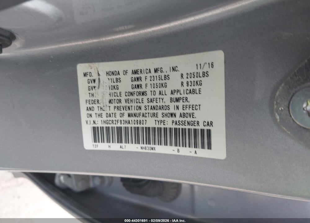 2017 HONDA ACCORD EX-L VIN: 1HGCR2F93HA109807