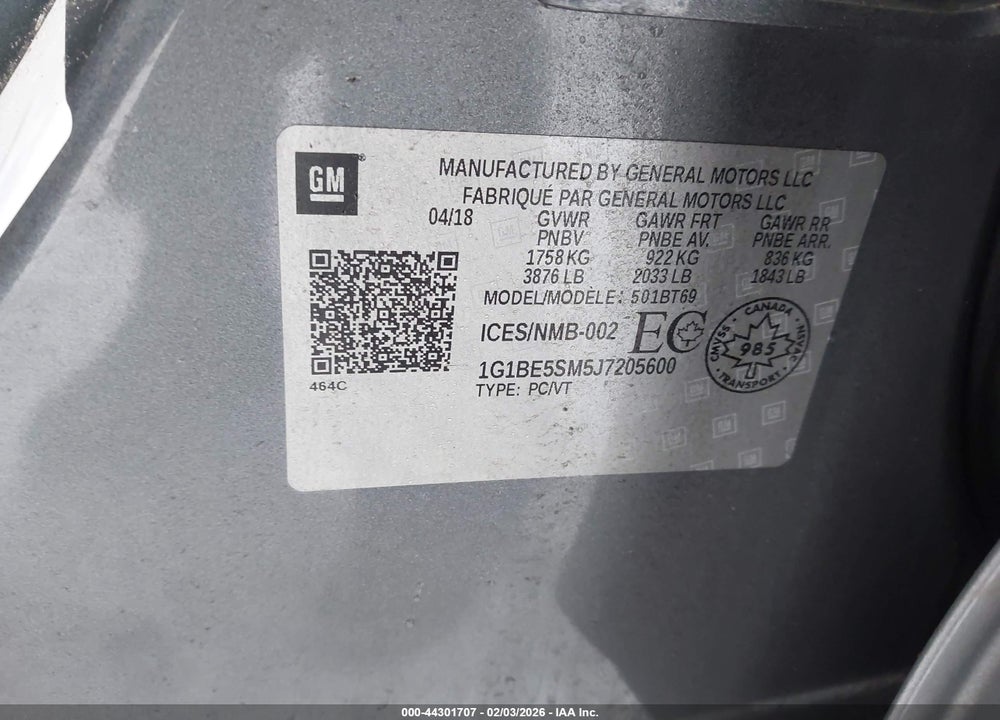 2018 CHEVROLET CRUZE LT AUTO VIN: 1G1BE5SM5J7205600