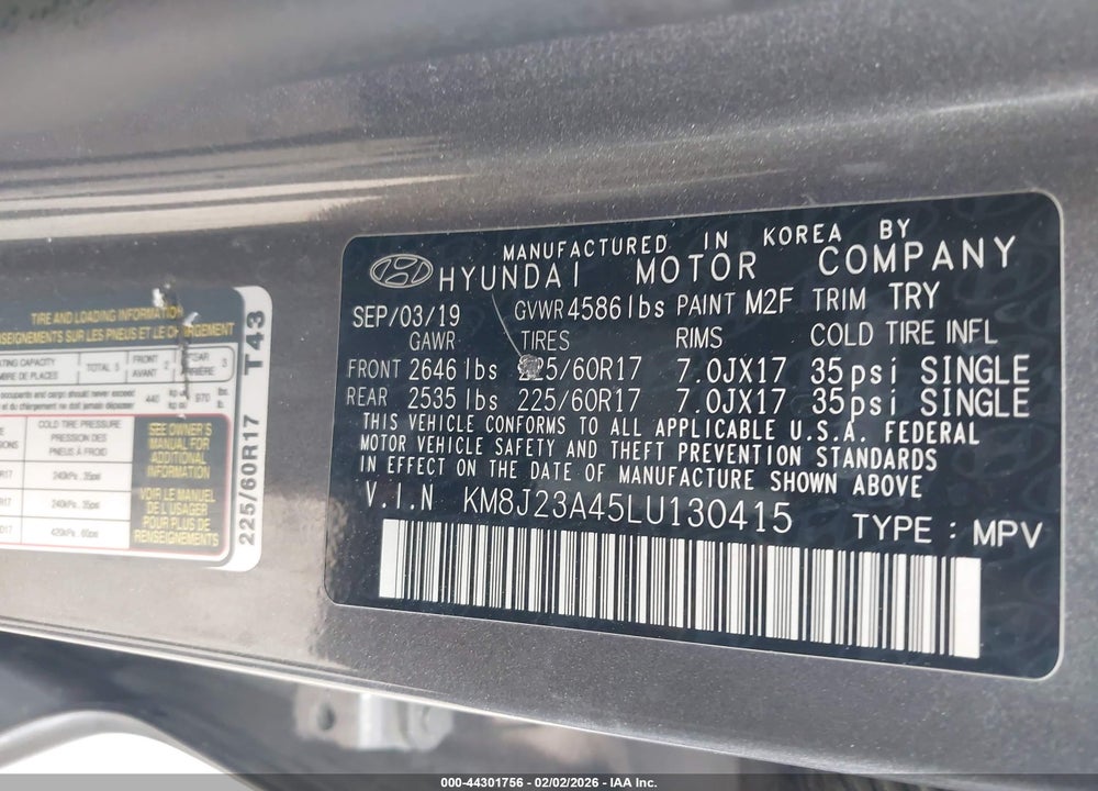 2020 HYUNDAI TUCSON SE VIN: KM8J23A45LU130415