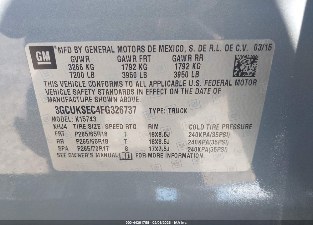 2015 CHEVROLET SILVERADO 1500 1LZ VIN: 3GCUKSEC4FG326737