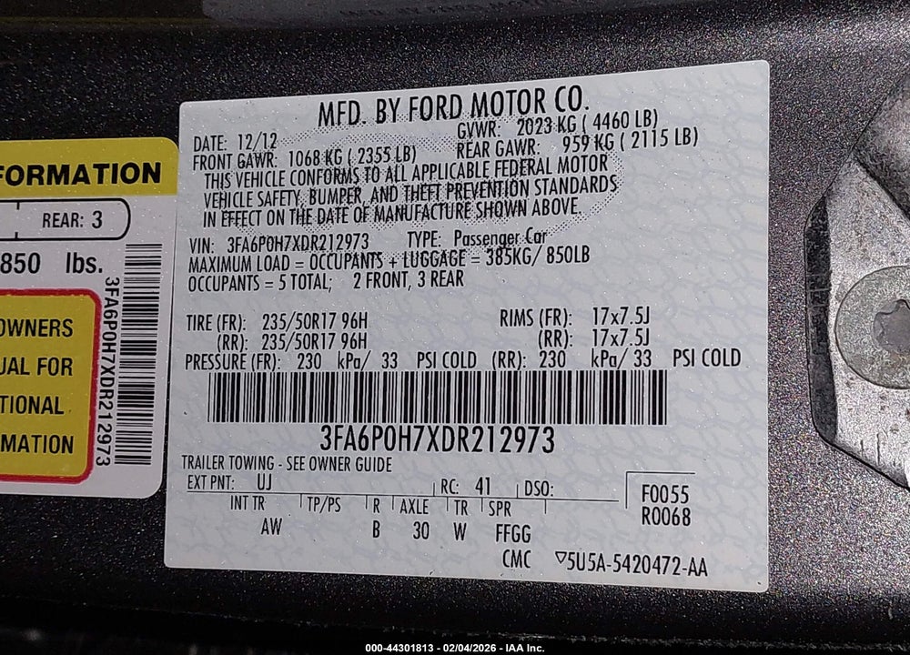 2013 FORD FUSION SE VIN: 3FA6P0H7XDR212973