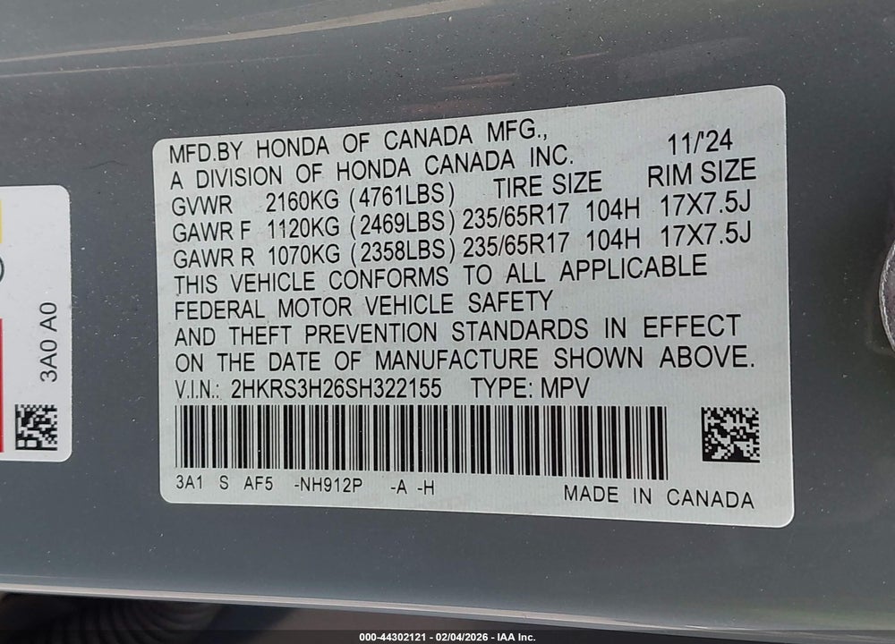 2025 HONDA CR-V LX 2WD VIN: 2HKRS3H26SH322155