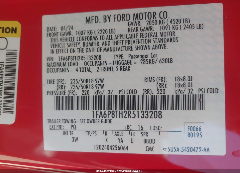 2024 FORD MUSTANG ECOBOOST PREMIUM FASTBACK VIN: 1FA6P8TH2R5133208
