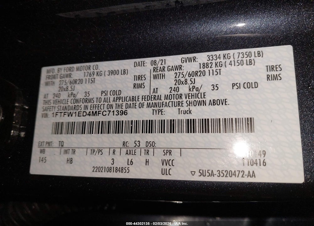 2021 FORD F-150 LARIAT VIN: 1FTFW1ED4MFC71396