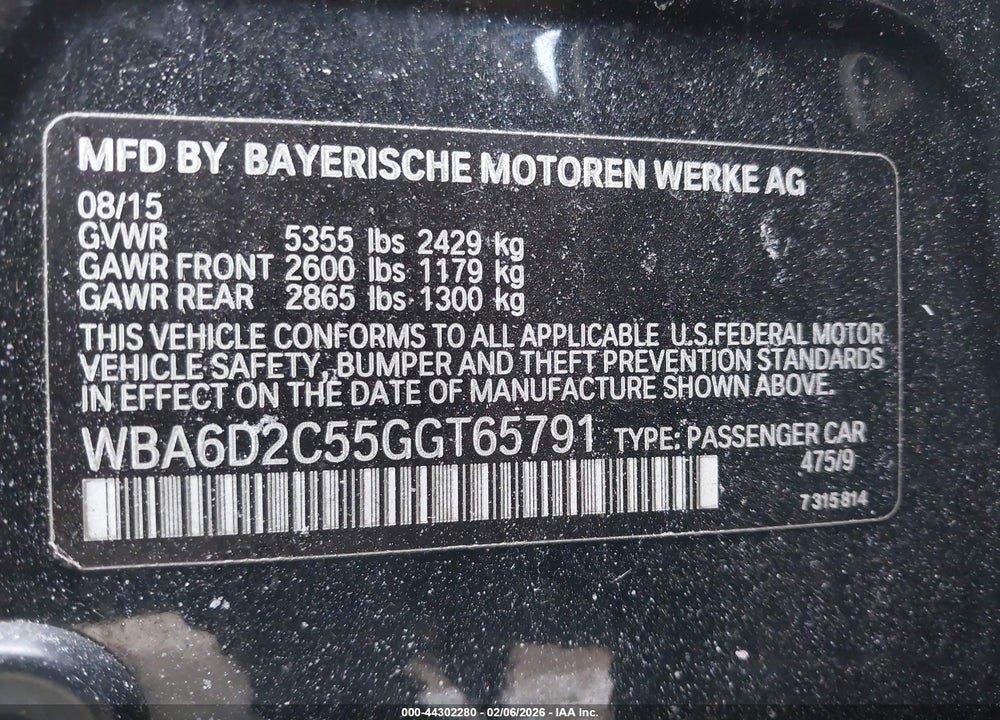 2016 BMW 640I GRAN COUPE XDRIVE VIN: WBA6D2C55GGT65791