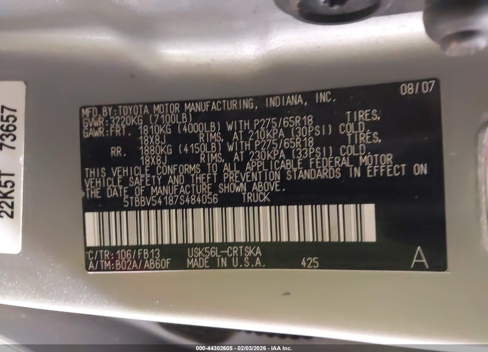 2007 TOYOTA TUNDRA SR5 5.7L V8 VIN: 5TBBV54187S484056