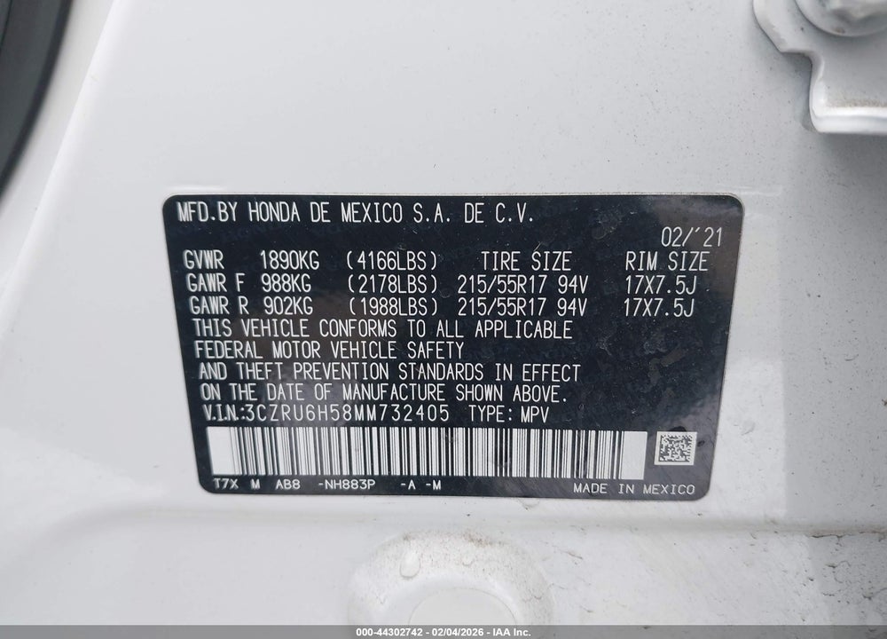 2021 HONDA HR-V AWD EX VIN: 3CZRU6H58MM732405