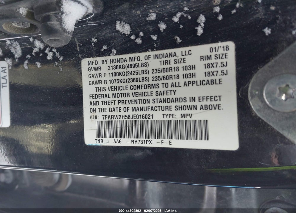 2018 HONDA CR-V EX VIN: 7FARW2H58JE016021