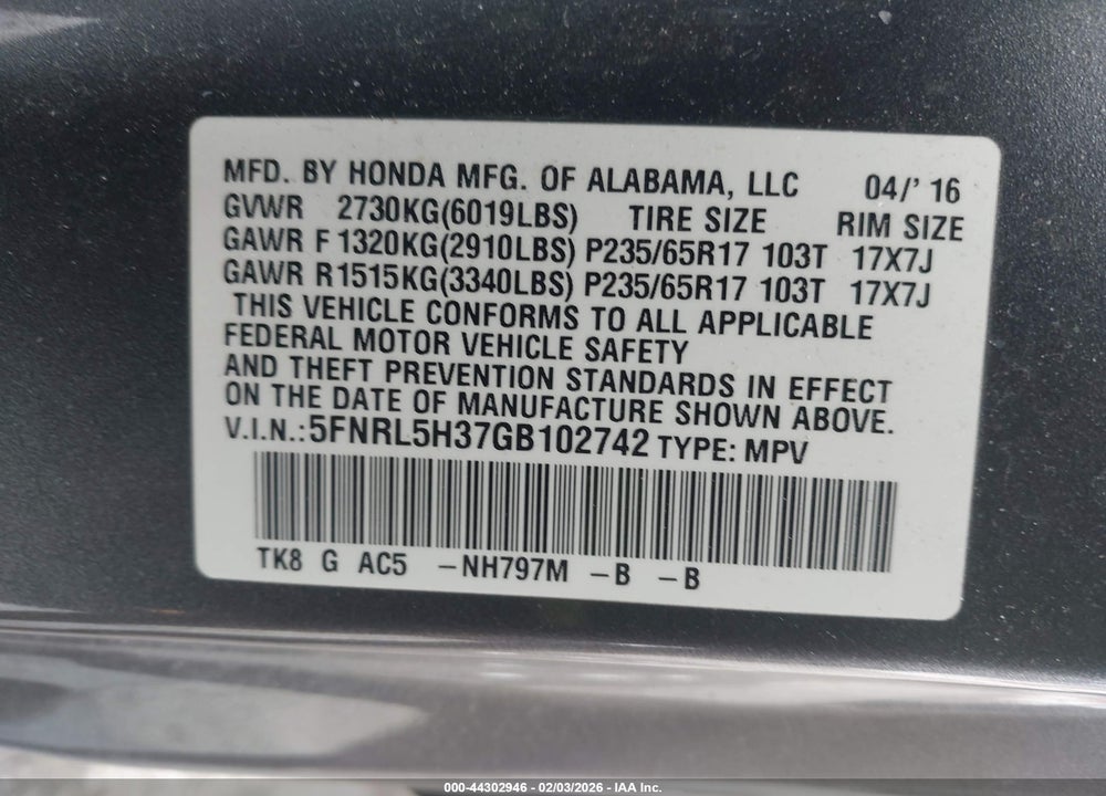 2016 HONDA ODYSSEY SE VIN: 5FNRL5H37GB102742