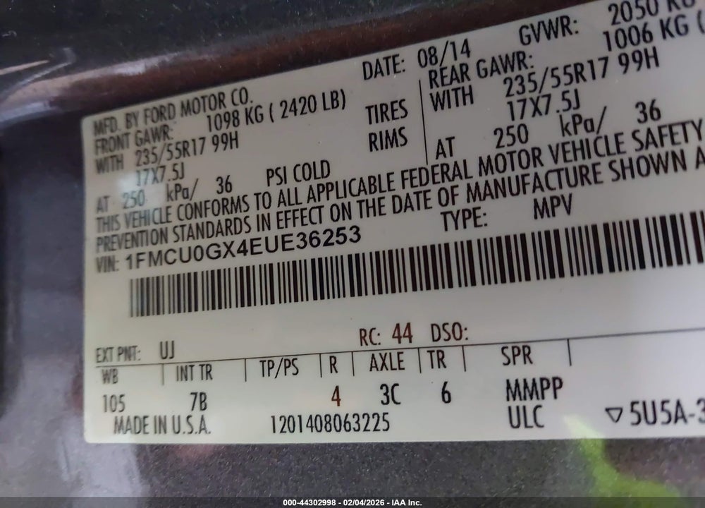 2014 FORD ESCAPE SE VIN: 1FMCU0GX4EUE36253