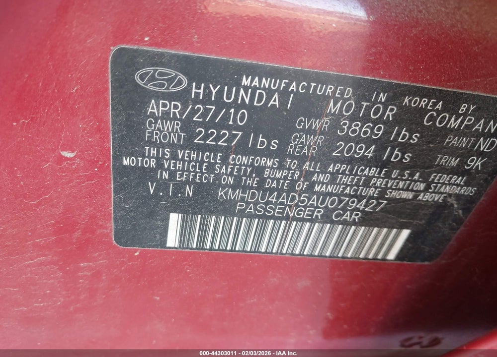 2010 HYUNDAI ELANTRA GLS VIN: KMHDU4AD5AU079427
