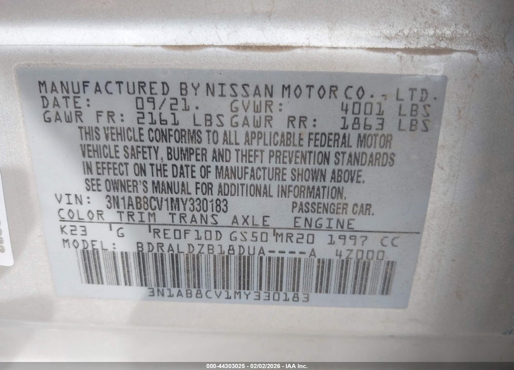 2021 NISSAN SENTRA SV XTRONIC CVT VIN: 3N1AB8CV1MY330183