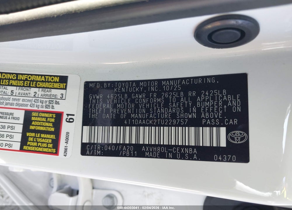 2026 TOYOTA CAMRY LE VIN: 4T1DAACK2TU229757