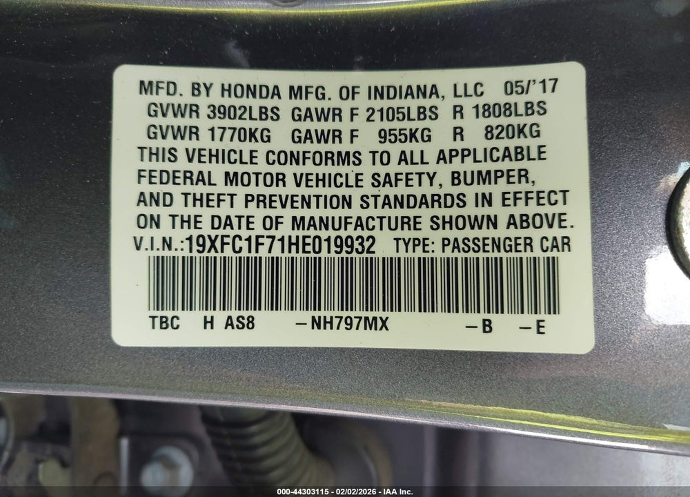 2017 HONDA CIVIC EX-L VIN: 19XFC1F71HE019932