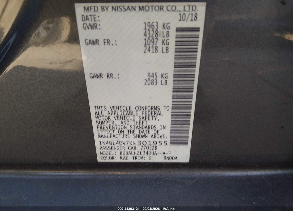 2019 NISSAN ALTIMA 2.5 SV VIN: 1N4BL4DV7KN301955
