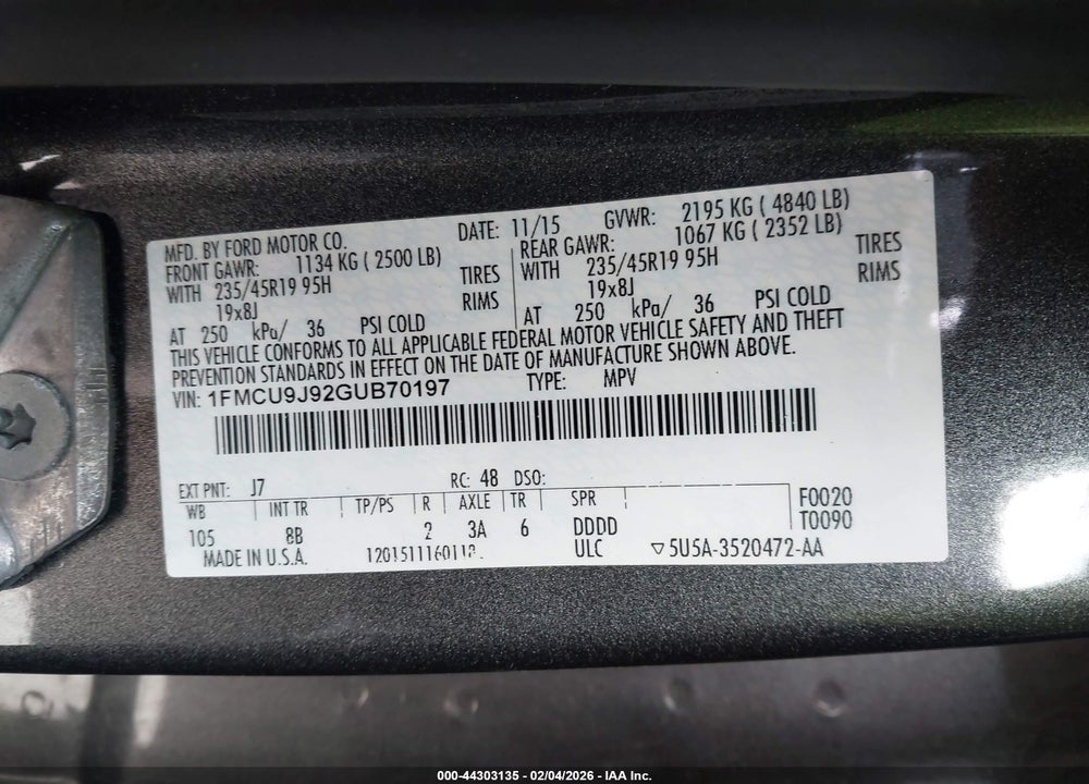 2016 FORD ESCAPE TITANIUM VIN: 1FMCU9J92GUB70197