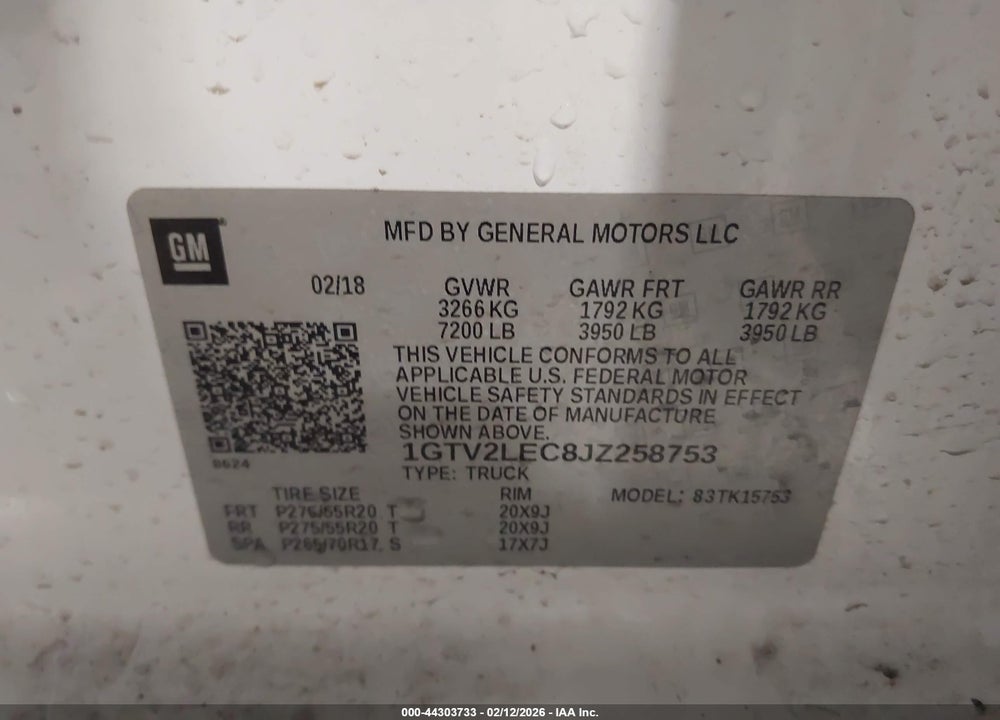 2018 GMC SIERRA 1500 VIN: 1GTV2LEC8JZ258753