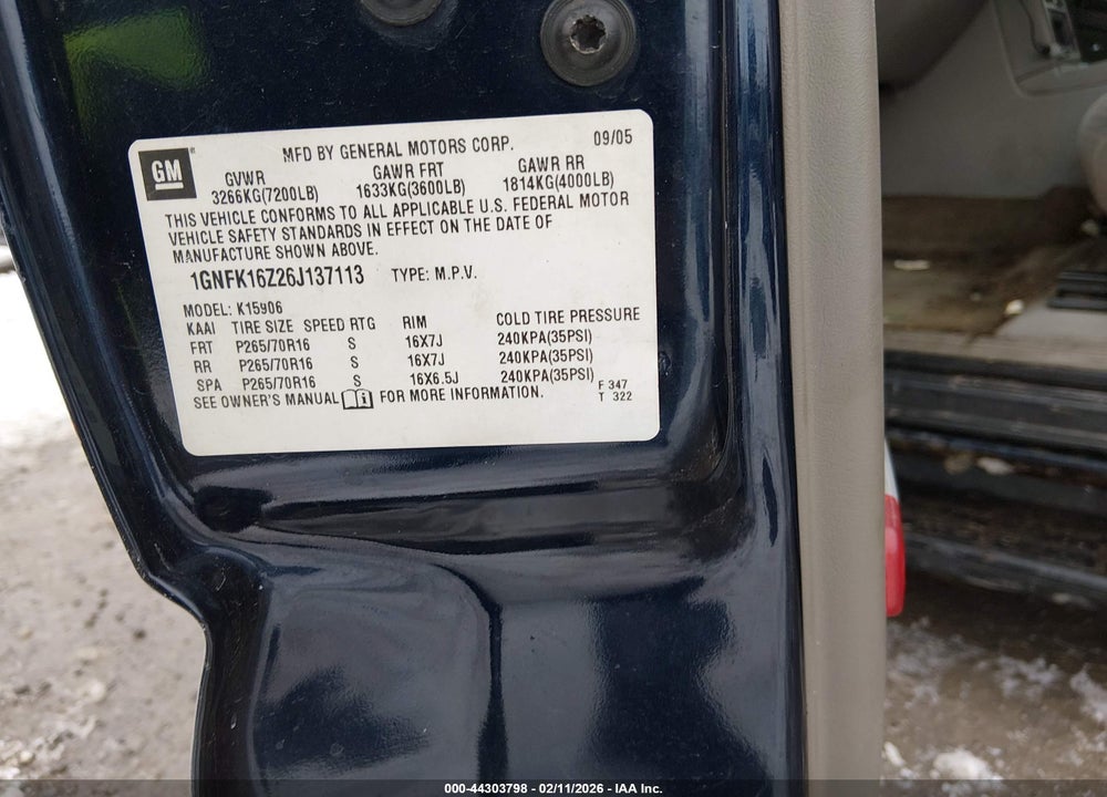 2006 CHEVROLET SUBURBAN 1500 LS VIN: 1GNFK16Z26J137113